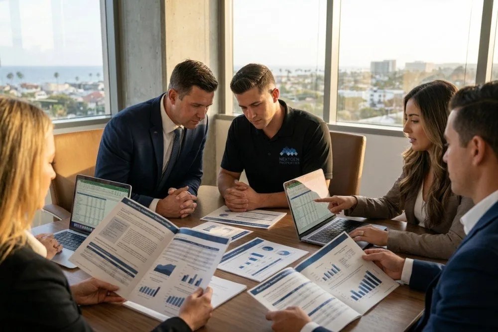 Real estate investors reviewing multifamily property financials and market analysis documents