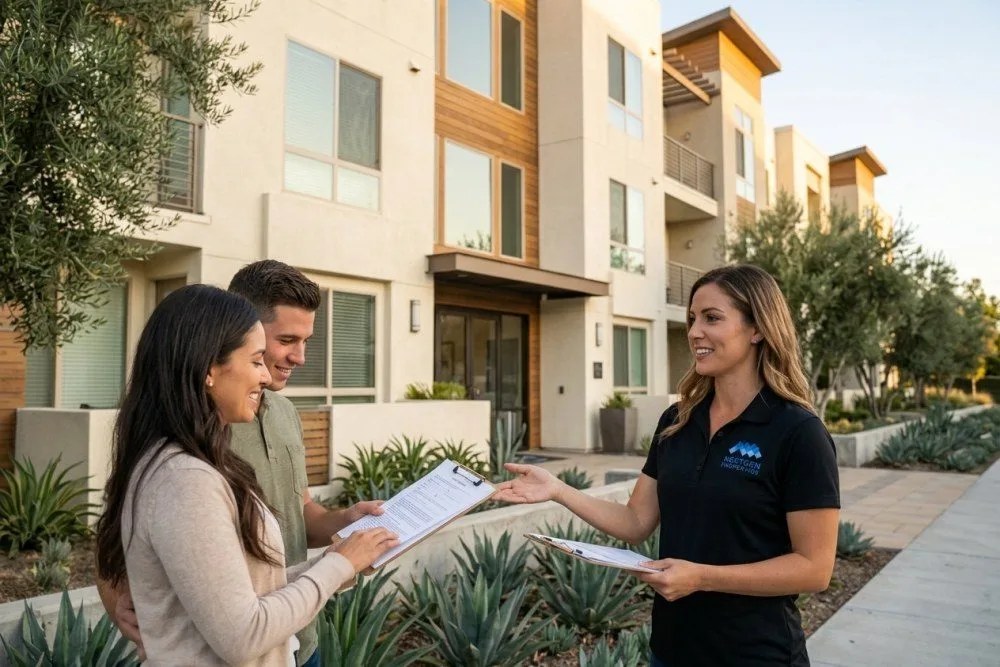 Property manager discussing lease terms with prospective tenants at Orange County apartment complex
