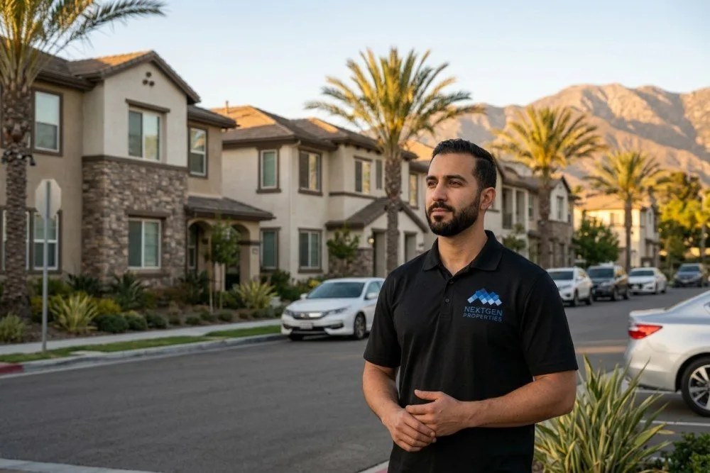 Anaheim apartment complex with palm trees and mountain views during property inspection