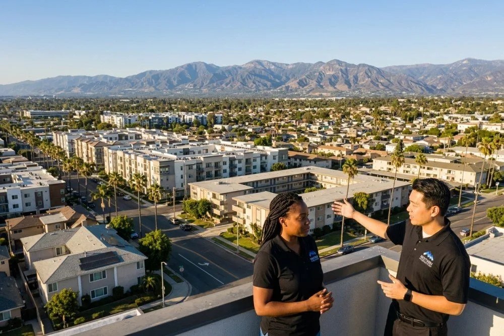 Aerial view of diverse Orange County neighborhoods showing multifamily properties across different submarkets