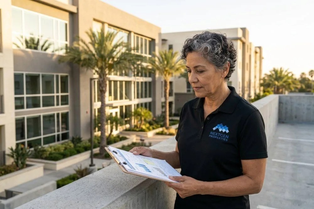Modern Santa Ana apartment building with NextGen Properties manager reviewing investment analysis