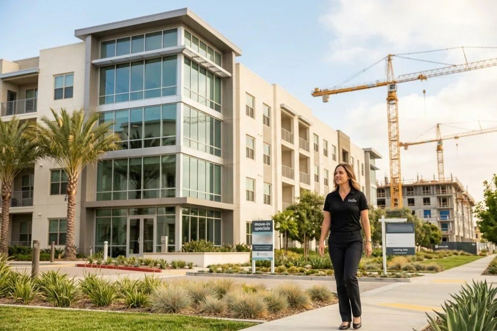 New luxury apartment complex in Irvine with leasing signs and construction nearby