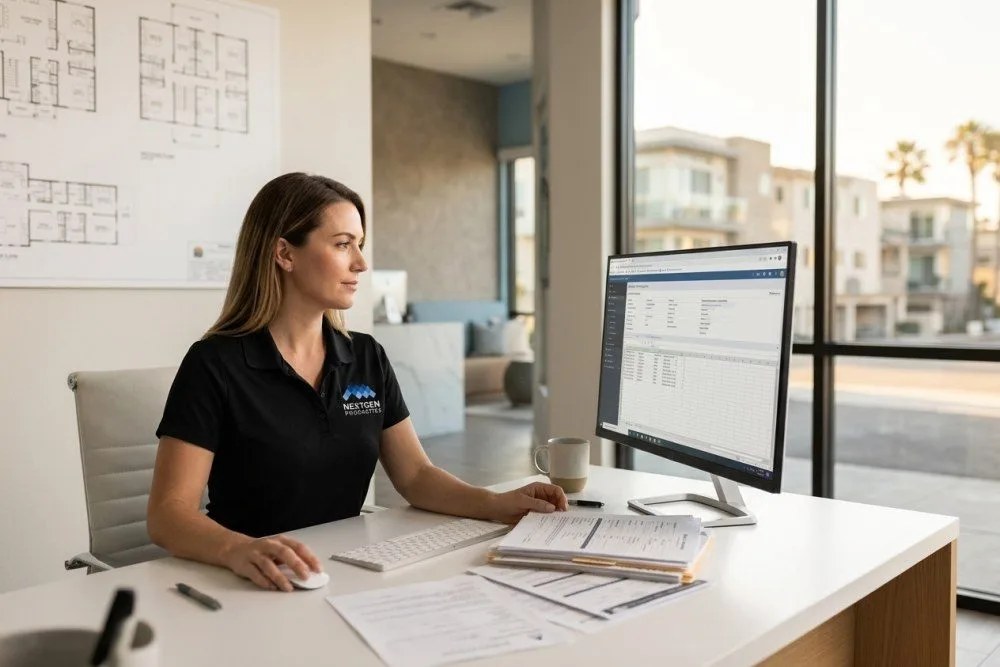 Professional property manager reviewing lease documents in modern leasing office with computer and paperwork