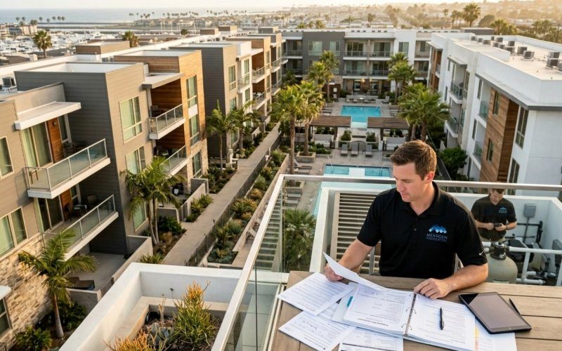 Modern Orange County multifamily property with tax assessment documents and calculator on desk, warm afternoon lighting
