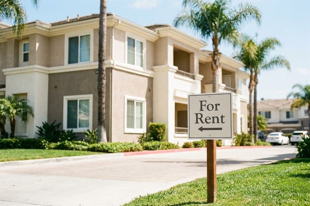 For rent sign in front of Orange County California apartment building tight rental market