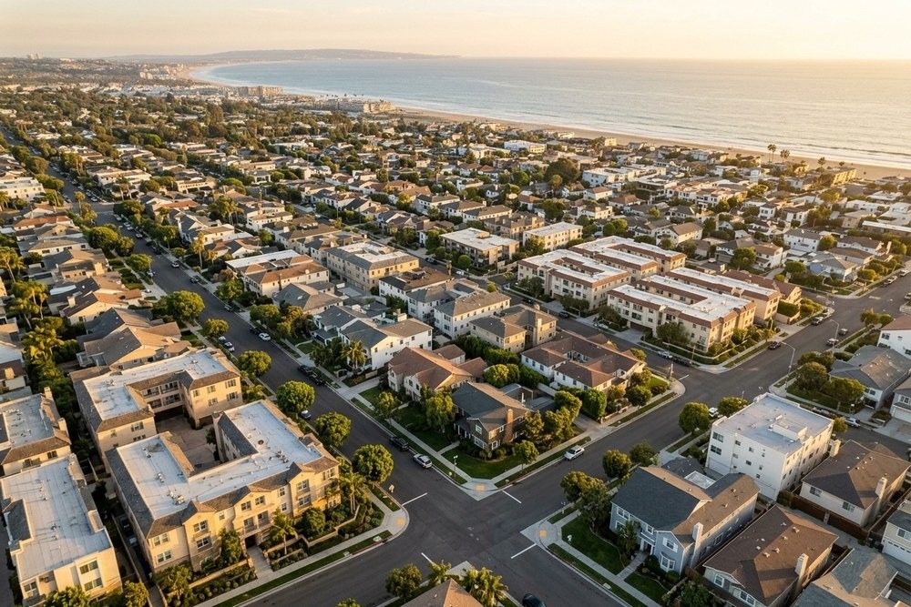 Aerial view of Orange County California coastal neighborhood full development density
