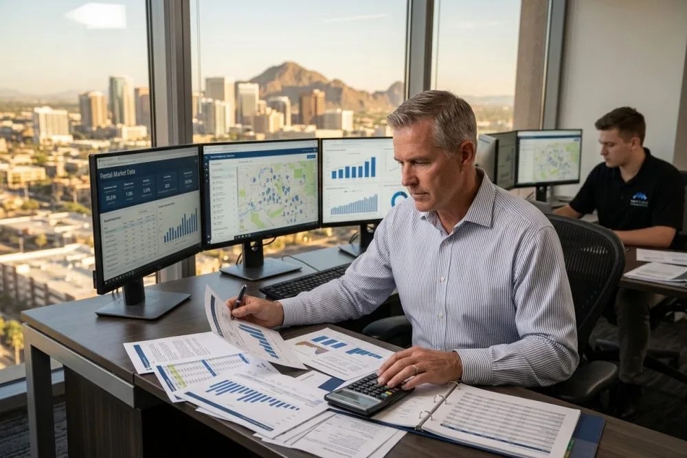 Real estate investor analyzing Phoenix multifamily financial reports at desk