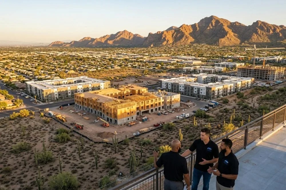 Aerial view of Phoenix multifamily construction projects with desert mountains in background
