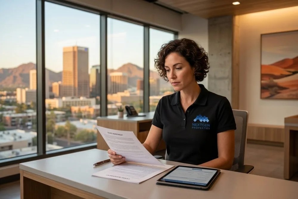 NextGen Properties manager reviewing lease documents at Phoenix multifamily property