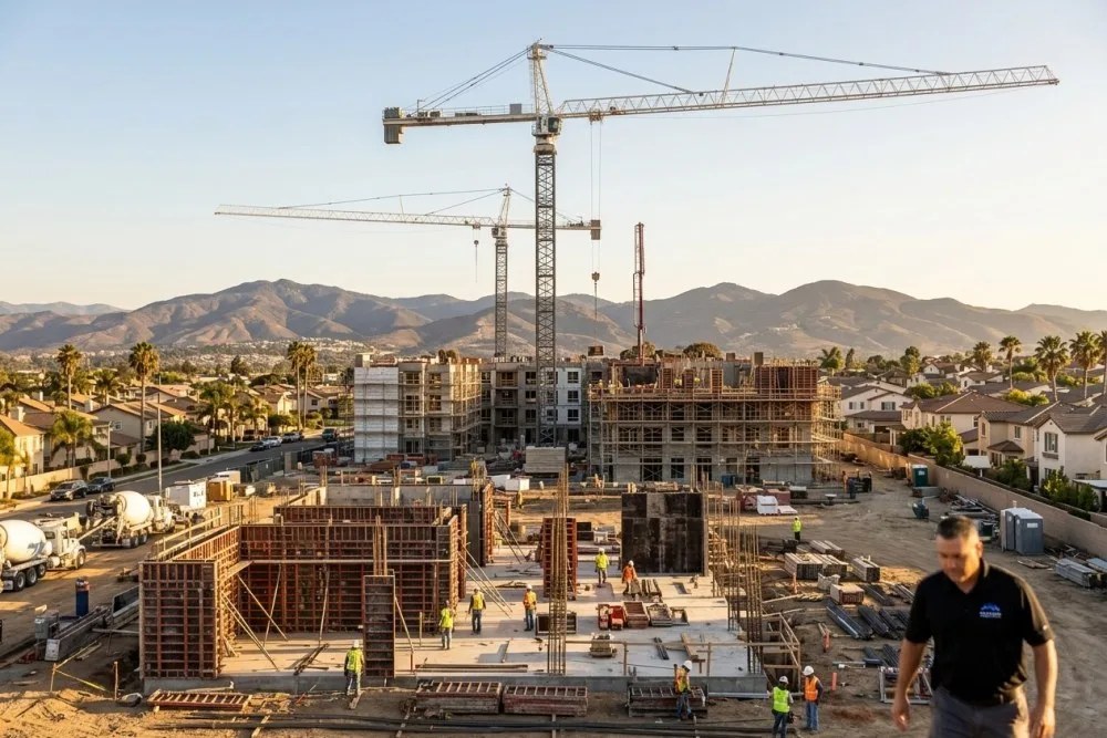 Construction cranes and scaffolding around multiple new apartment buildings under construction in Chula Vista with mountain views in the background