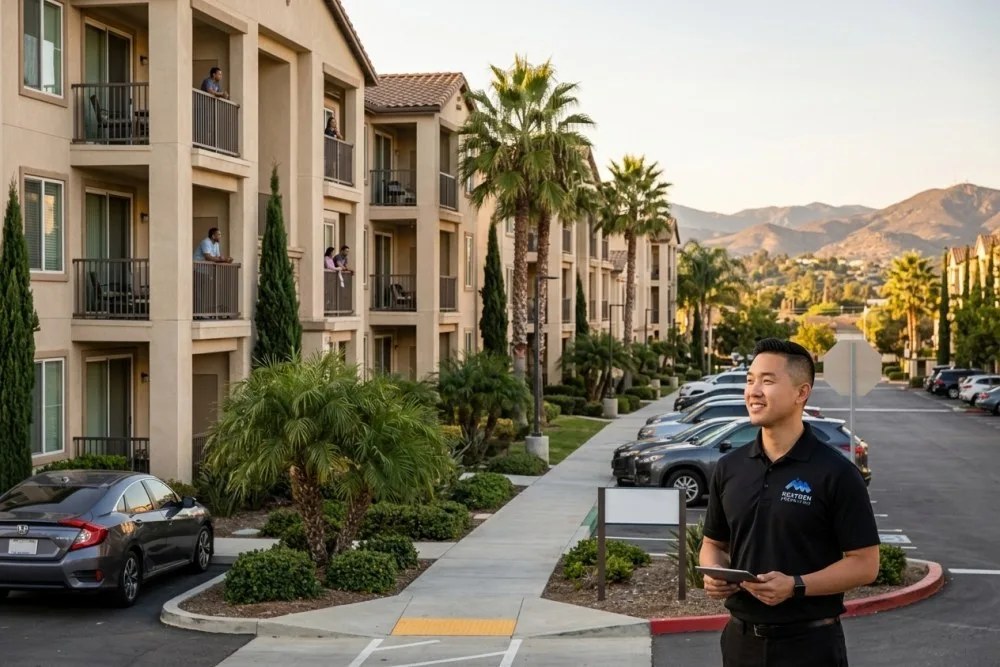 Mid-rise apartment complex in El Cajon with mature landscaping and mountain views showing typical East County workforce housing architecture