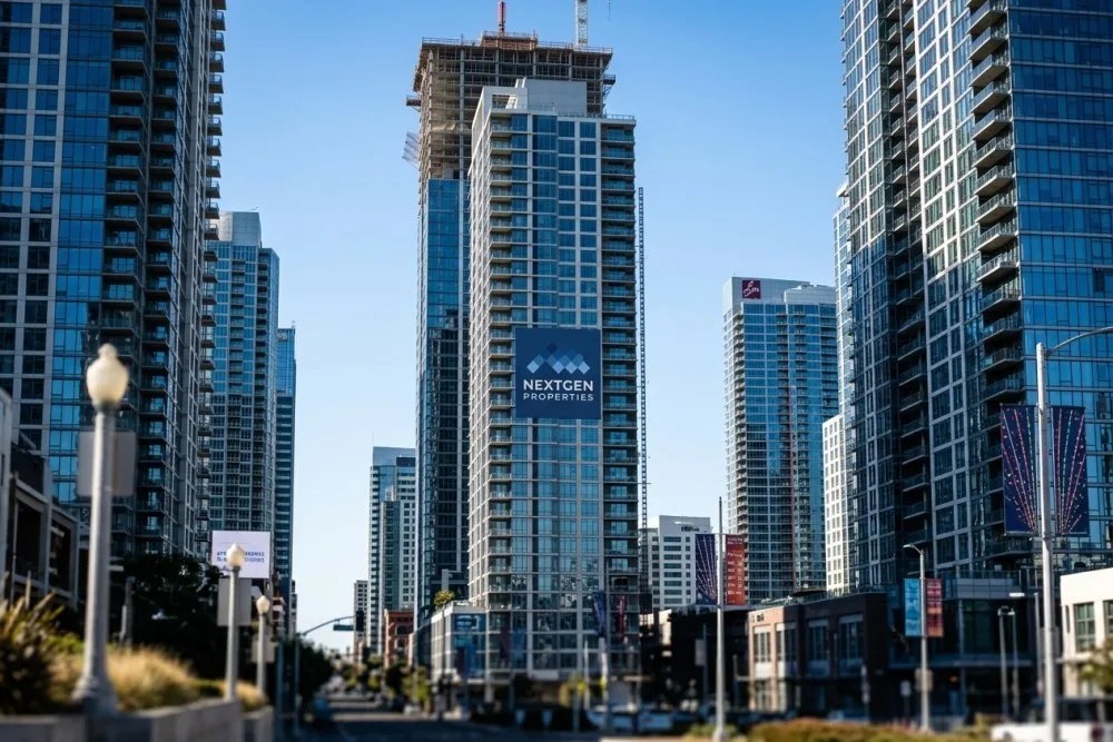 Downtown San Diego luxury high-rise apartment towers with leasing banners and concession signs visible on multiple buildings