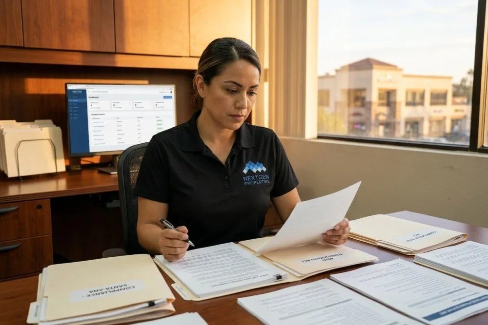 NextGen Properties manager reviewing Santa Ana rent control compliance documents