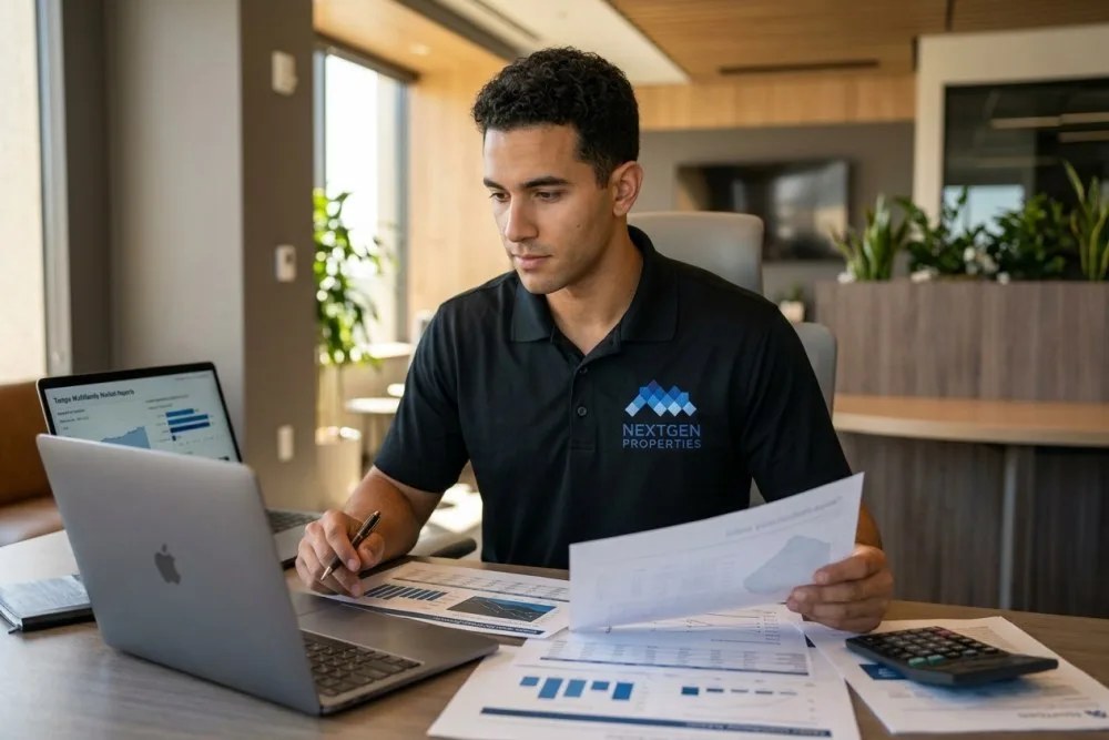 Real estate investor reviewing Tampa multifamily market reports and financial projections at desk