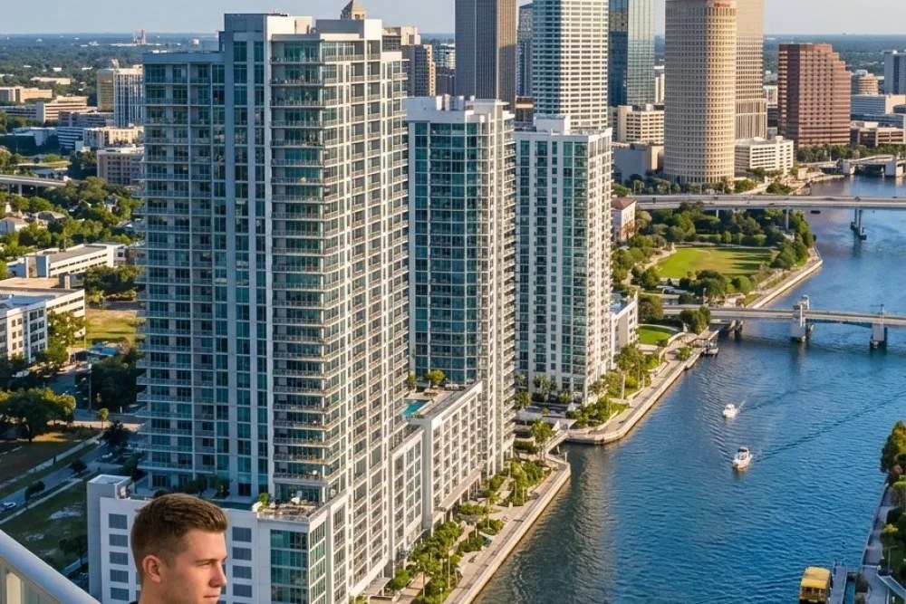 Tampa downtown multifamily towers with Hillsborough River and business district