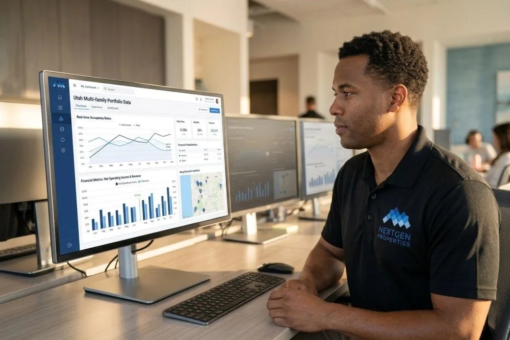 Advanced property management software dashboard displaying Utah multifamily portfolio metrics and reporting
