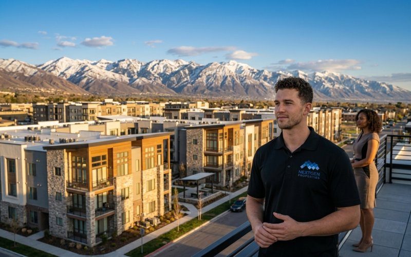 Modern multifamily apartment complex in Salt Lake City with mountain backdrop and clear Utah skies, showcasing investment property opportunity