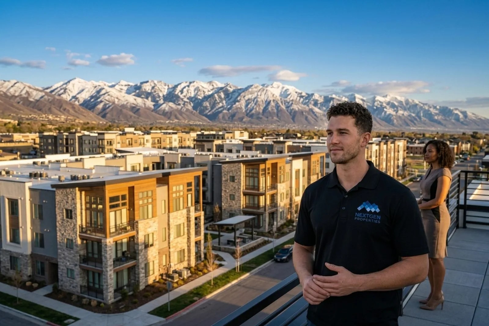 Modern multifamily apartment complex in Salt Lake City with mountain backdrop and clear Utah skies, showcasing investment property opportunity