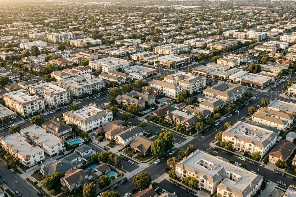 Overhead view fully developed Orange County California neighborhood no vacant parcels