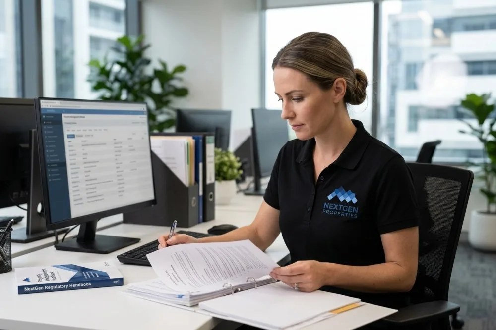 NextGen Properties manager reviewing AB 1157 compliance documentation at modern office