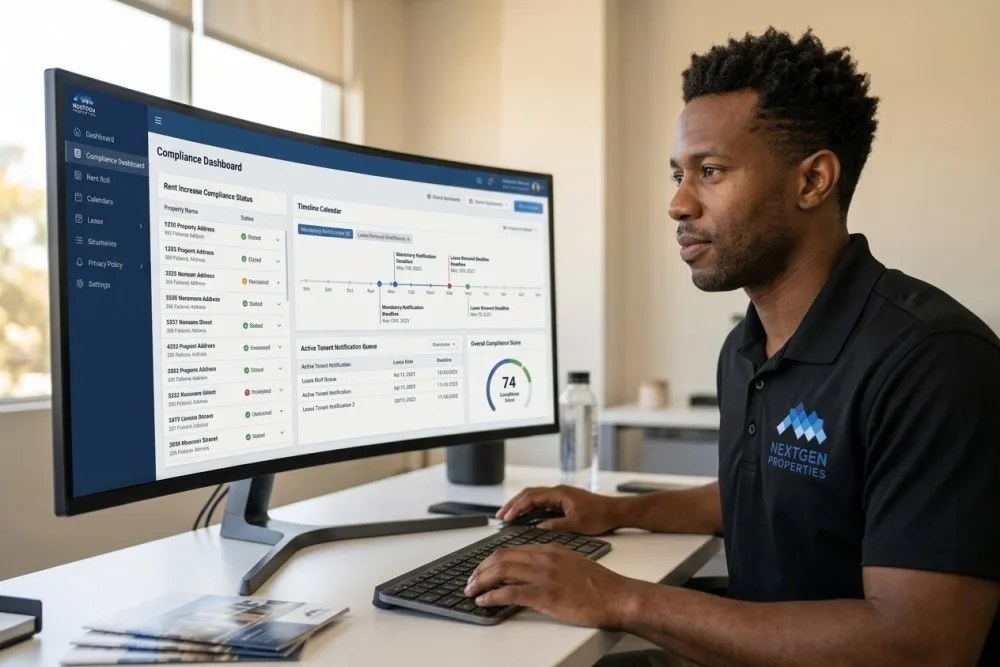 Computer screen showing property management software dashboard with AB 1157 compliance tracking features