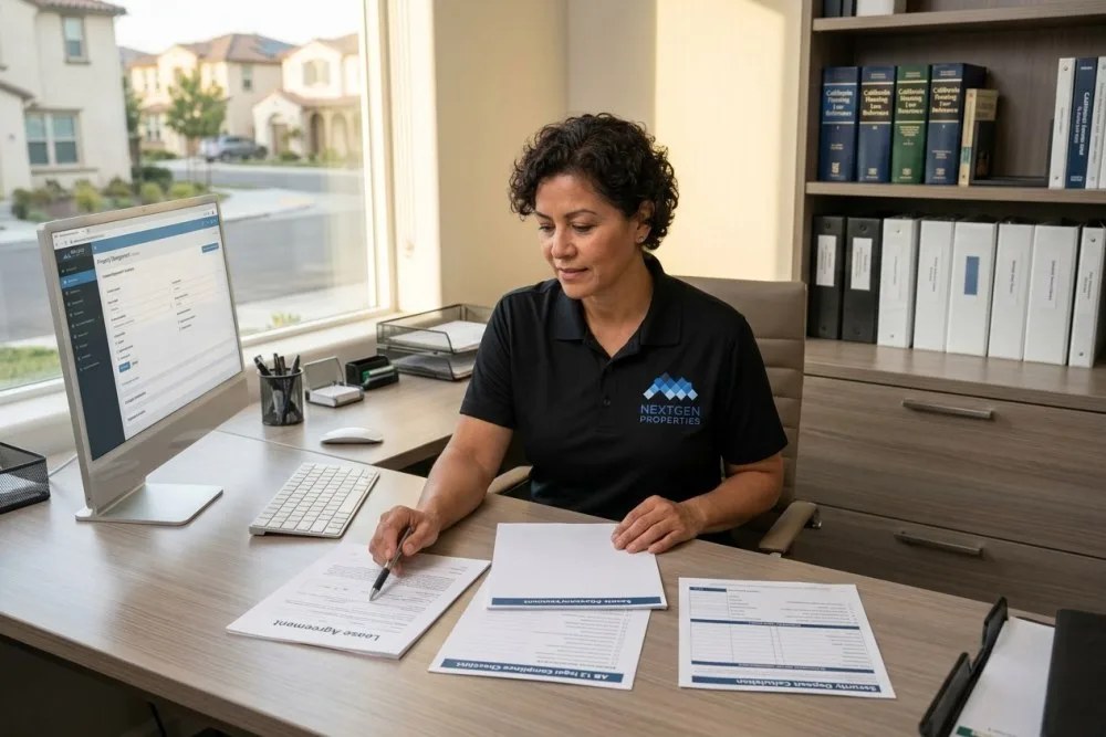 Property management office with AB 12 compliance documentation and lease agreements