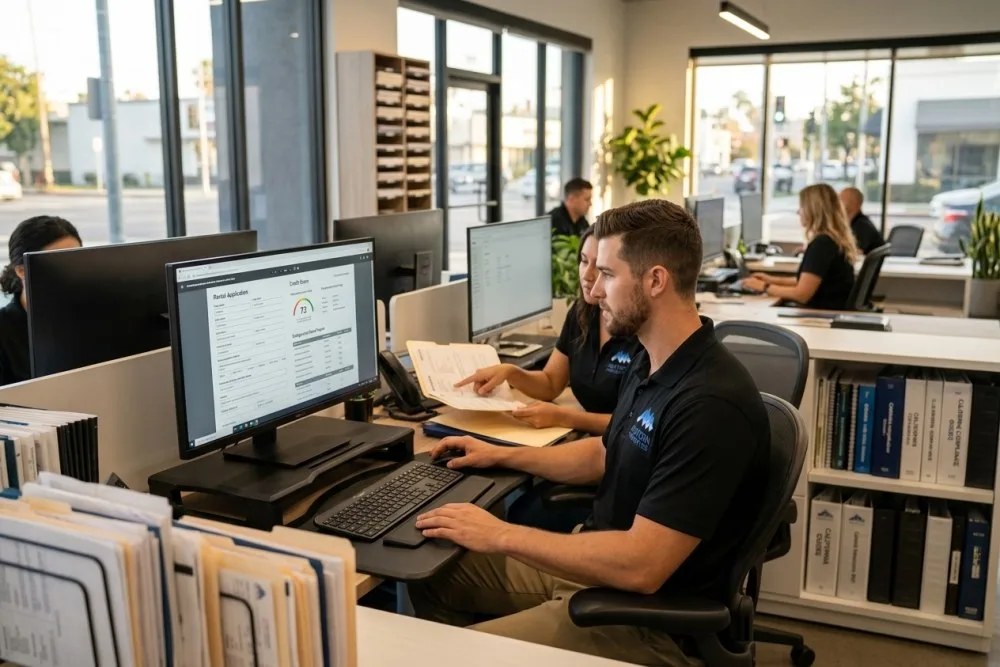 Property management team reviewing digital tenant applications and screening reports