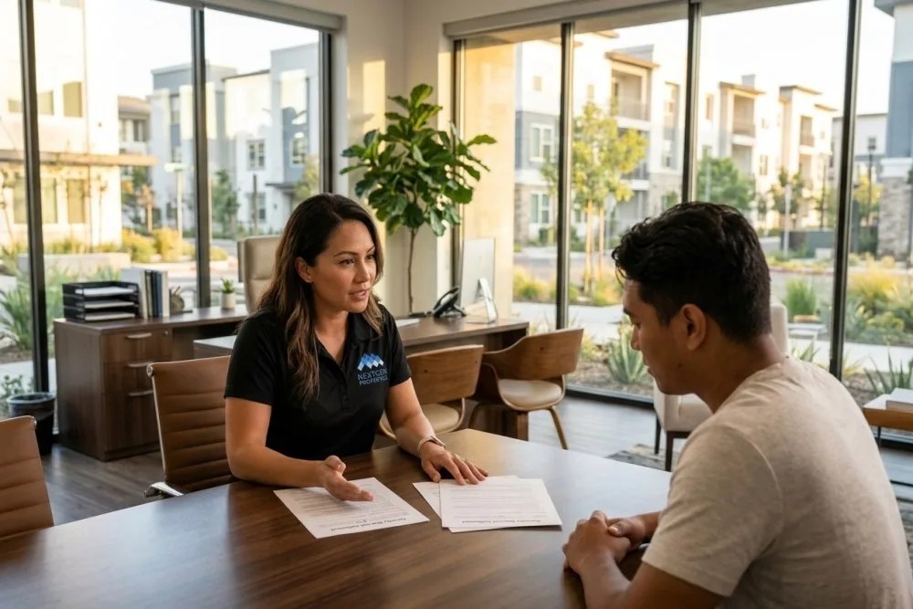 Property manager meeting with tenant to discuss AB 12 deposit refund options