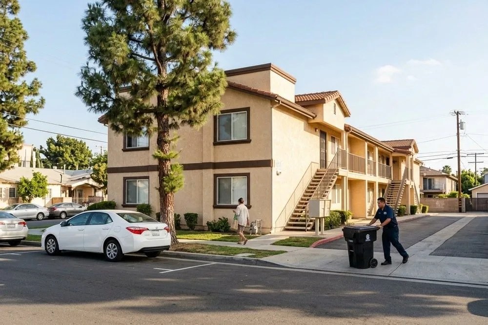 Well-maintained apartment complex street view Anaheim California rental property management