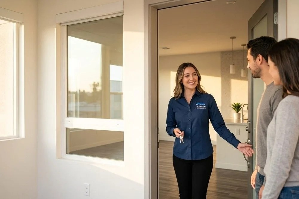 NextGen Properties leasing agent showing apartment unit to prospective tenants Anaheim California