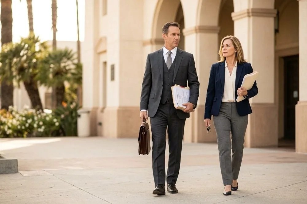 Real estate attorney and landlord walking into California courthouse unlawful detainer hearing