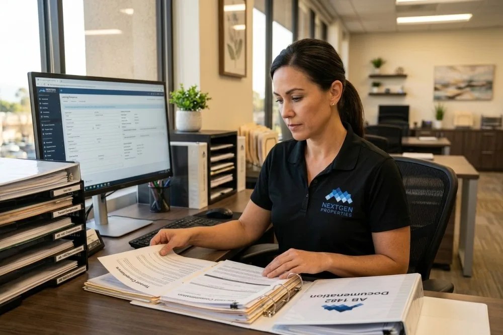 NextGen Properties manager organizing tenant files and compliance documentation at office desk