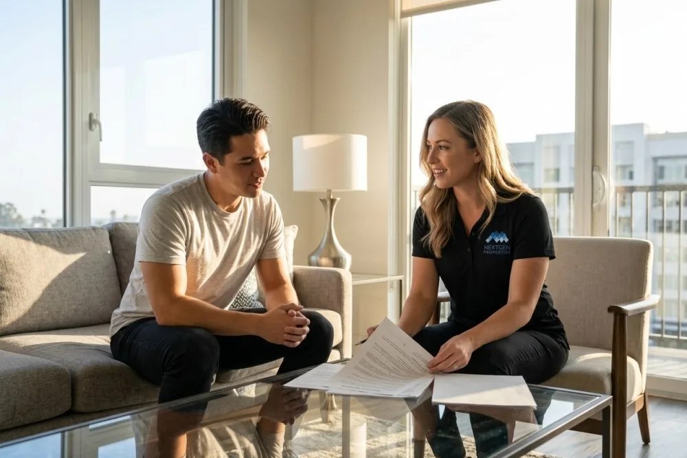 NextGen Properties manager discussing lease renewal terms with tenant in modern apartment living room