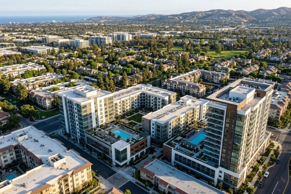 Modern Orange County apartment buildings showing different property classes and market positioning