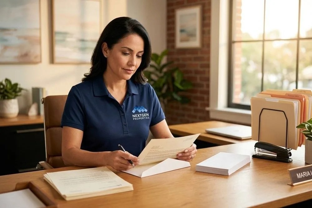 NextGen Properties manager preparing California rent increase notice letters envelopes office