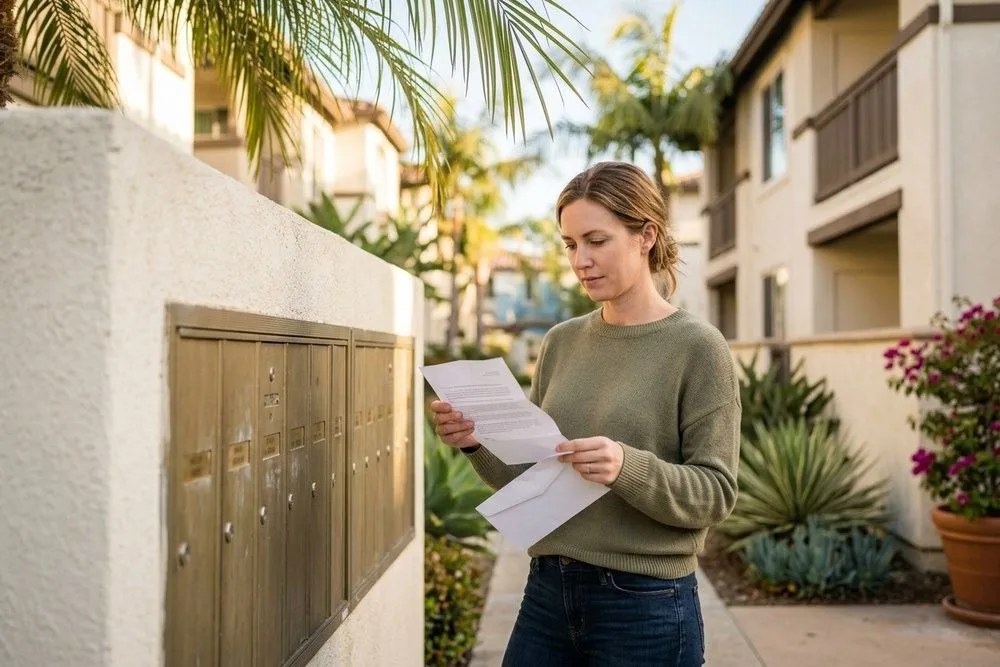 California tenant opening rent increase notice letter at apartment mailbox