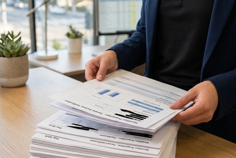 Organized tenant income verification documents including pay stubs and tax returns