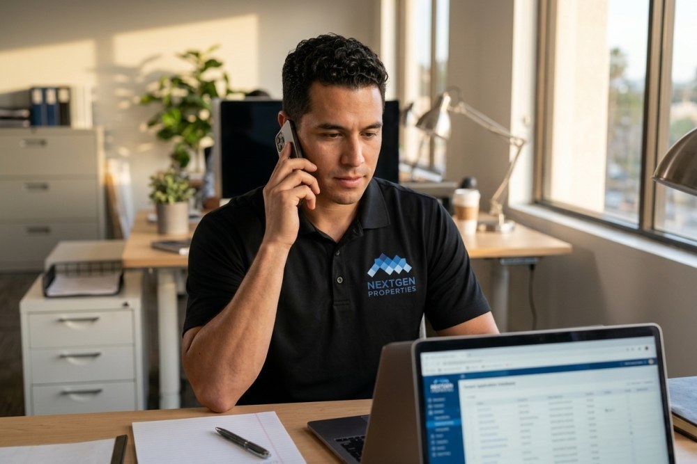 Property manager making rental history verification phone call at desk