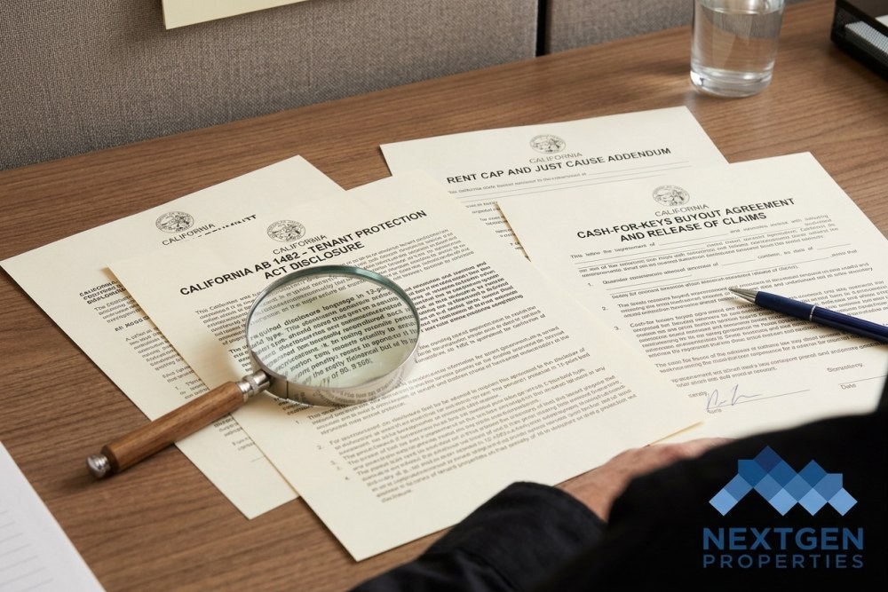 California AB 1482 disclosure form and tenant buyout agreement documents on desk