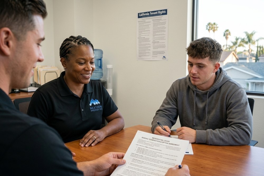 Landlord and tenant reviewing structured cash for keys agreement terms in office