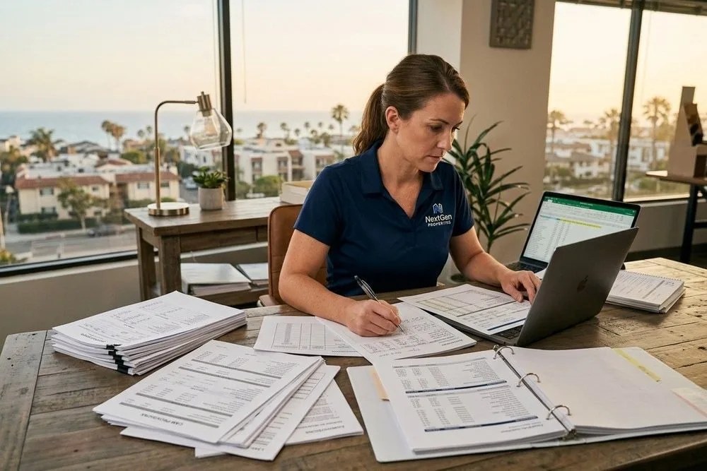 Commercial property manager reviewing CAM reconciliation documents expense records California