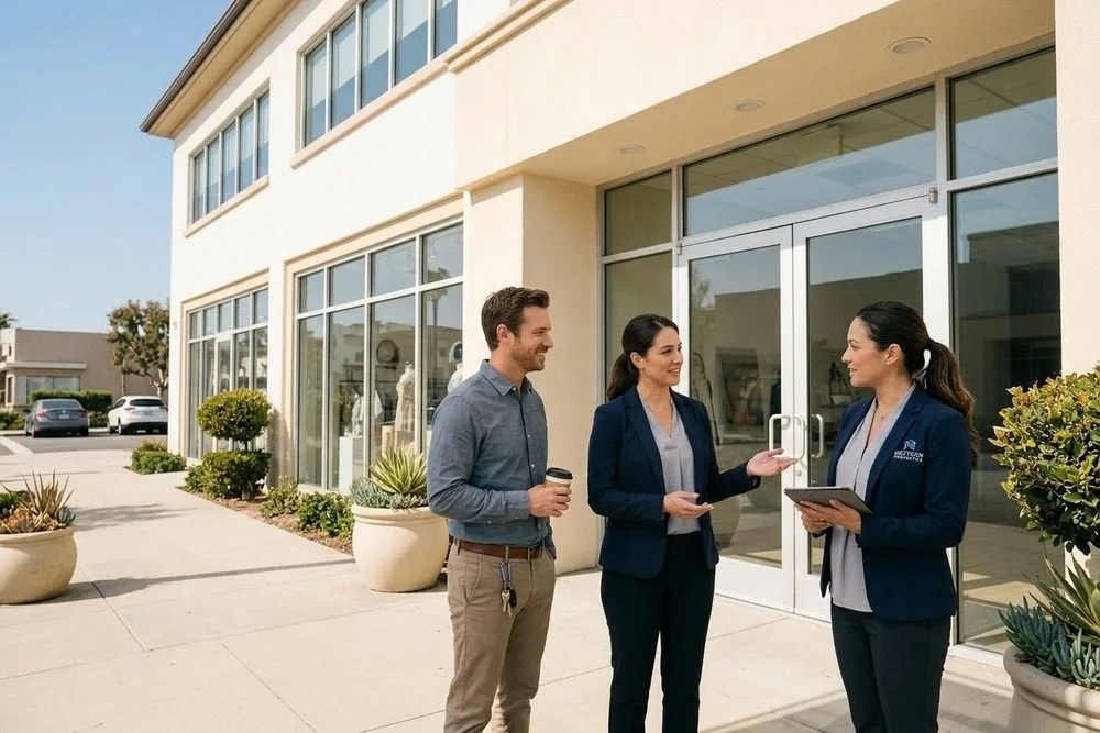 Commercial property manager with tenant at California mixed-use retail office building entrance