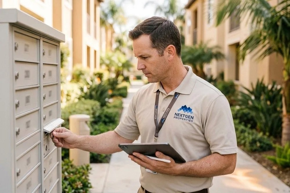 NextGen Properties manager doing routine walkthrough inspection Orange County apartment building