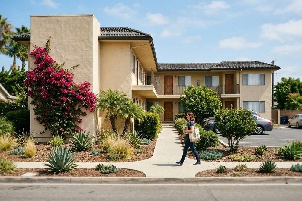 Well-maintained 1980s stucco apartment complex exterior in Costa Mesa California