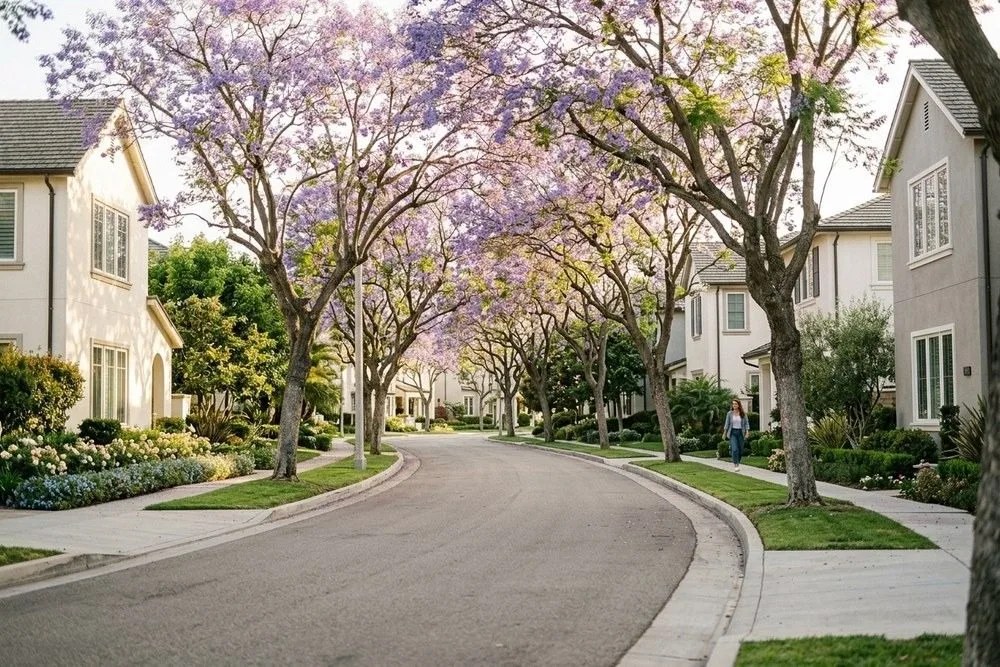Tree-lined Eastside Costa Mesa residential street with jacaranda trees in bloom