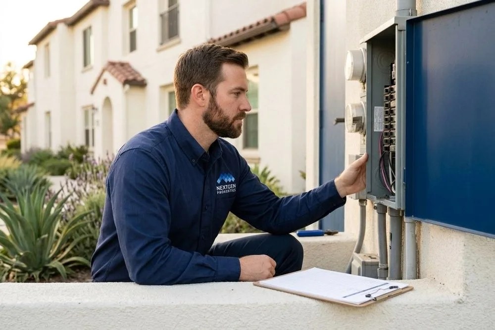 NextGen Properties maintenance technician inspecting plumbing at California apartment building