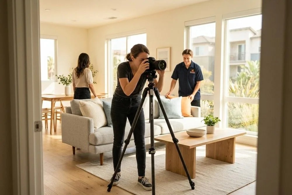 Photographer composing shot of bright California apartment interior for rental listing