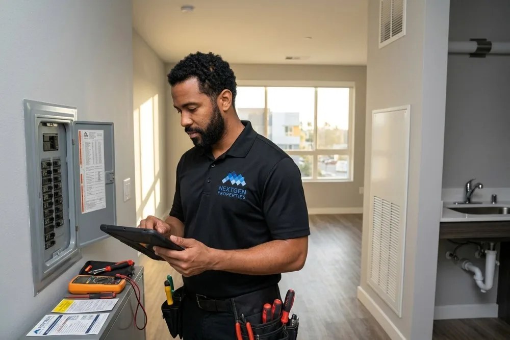 NextGen Properties maintenance worker conducting thorough unit inspection at Costa Mesa multifamily property