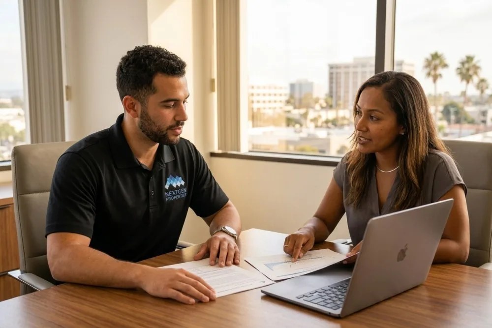 NextGen Properties manager consulting with multifamily investor at Costa Mesa office desk