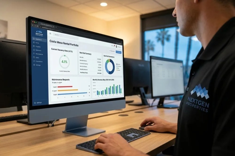 Modern property management software dashboard showing Costa Mesa rental performance metrics and tenant communications